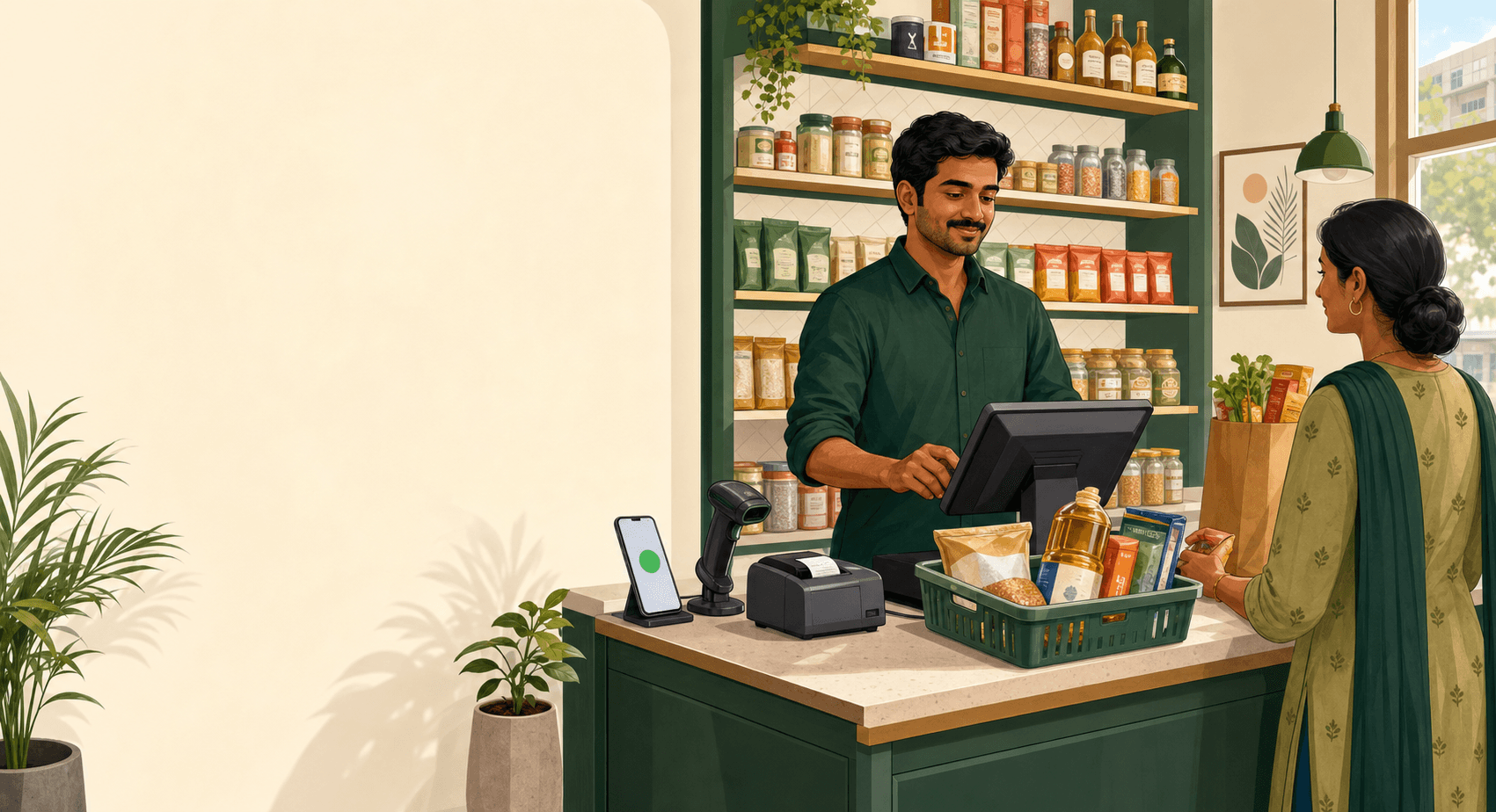 An Indian shop owner calmly billing a customer at the counter